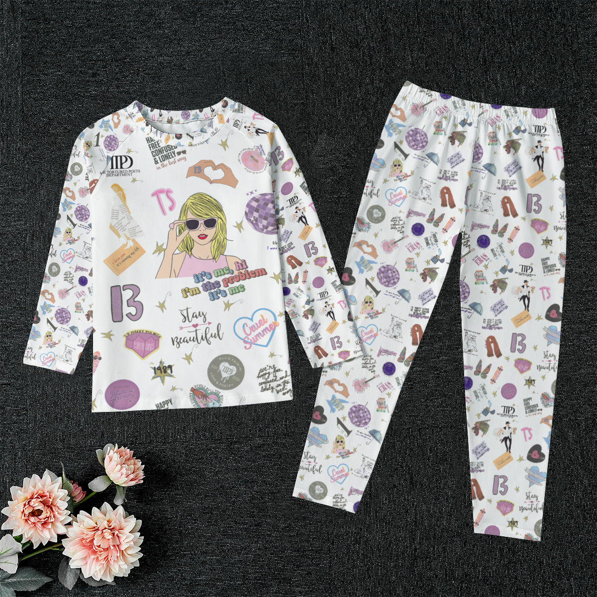 Girls Taylor All-Over Print Raglan Sleeve Pajamas With Wide Ankles