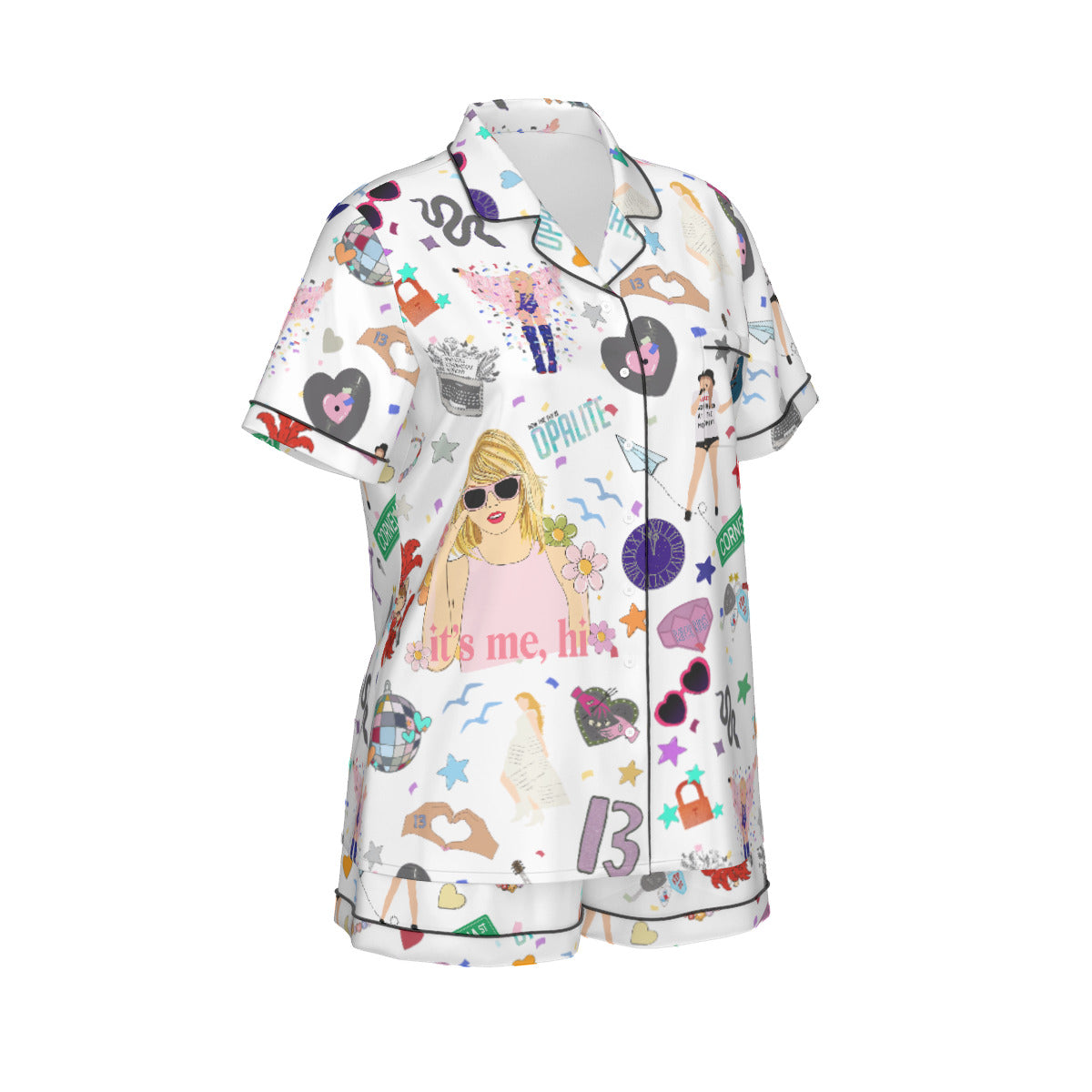 All-Over Print Women's Imitation Silk Pajama Set With Short Sleeve