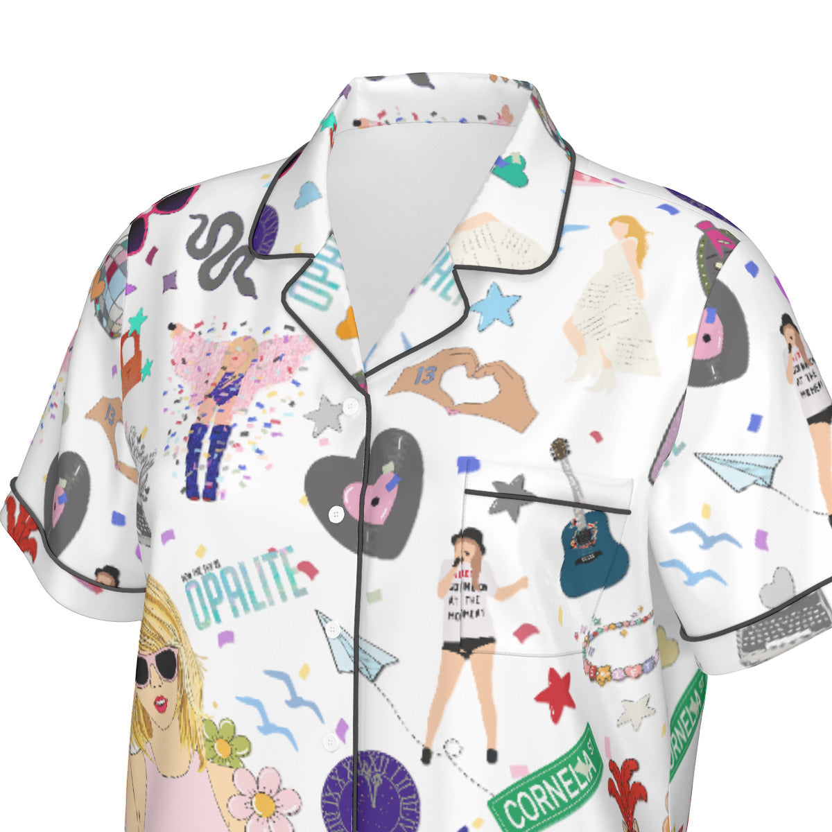 All-Over Print Women's Imitation Silk Pajama Set With Short Sleeve