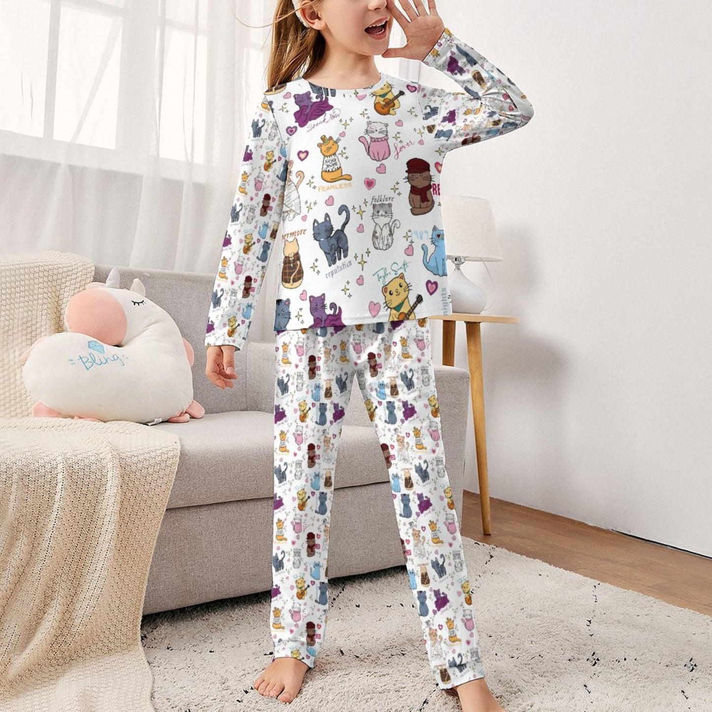 Little Girl Youth Long Sleeve Girls Nightwear  Pajamas with Cute All Over Printing