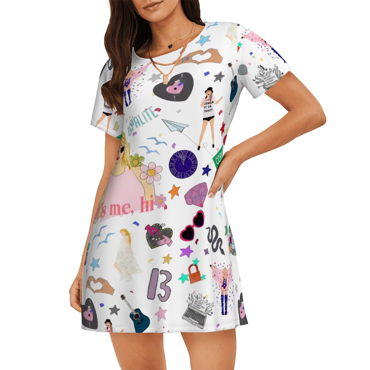 Women's Loose Short-Sleeve Nightgown Music Era Print